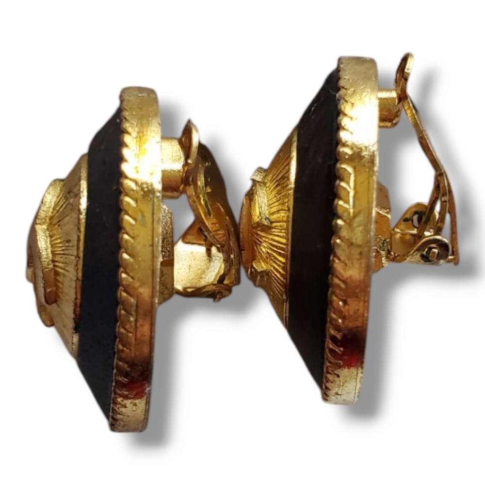 CHANEL Vintage Gold Sunburst CC Logo & Wood Clip Y2K Earrings CHANEL 93A France - Picture 9 of 17